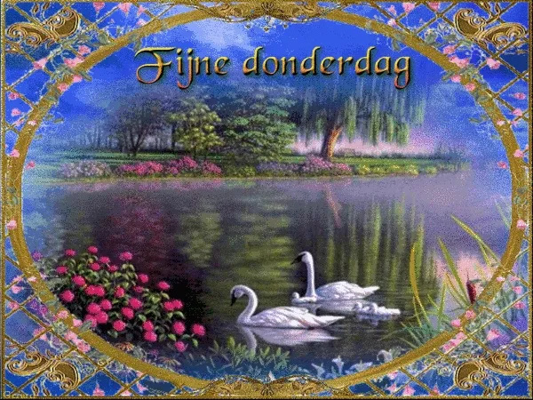 fijne donderdag gif - Twee zwanen zwemmen in een rustige plas omringd door bloemen en bomen.