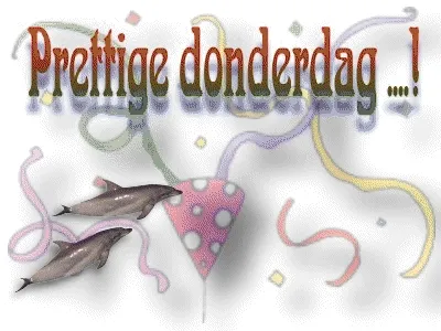 fijne donderdag gif - Vrolijke donderdagsgroet met feestelijke elementen en dolfijnen.