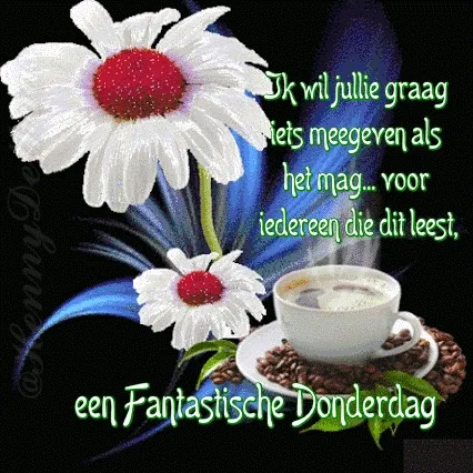 fijne donderdag gif - Tekst met bloemen en een kopje koffie: "Een Fantastische Donderdag!" in vrolijke letters.