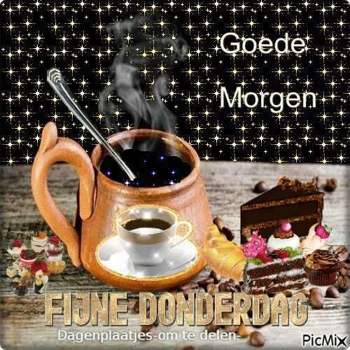 fijne donderdag gif - Een mok koffie met rook, gebak en de tekst "Fijne Donderdag".