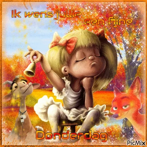 fijne donderdag gif - Een meisje met een bel, omringd door een geit en een vos, wenst een fijne donderdag.