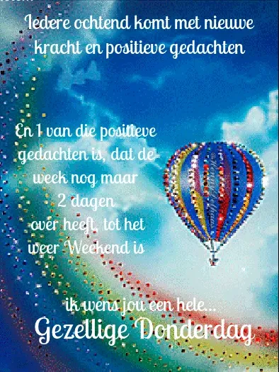 fijne donderdag gif - Kleurrijke luchtballon met tekst over positieve gedachten op donderdag.