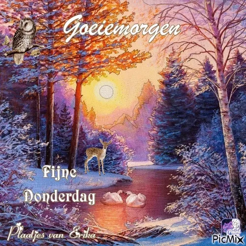 fijne donderdag gif - Zonsopgang boven een serene rivier met een uil en zwemmende zwanen.